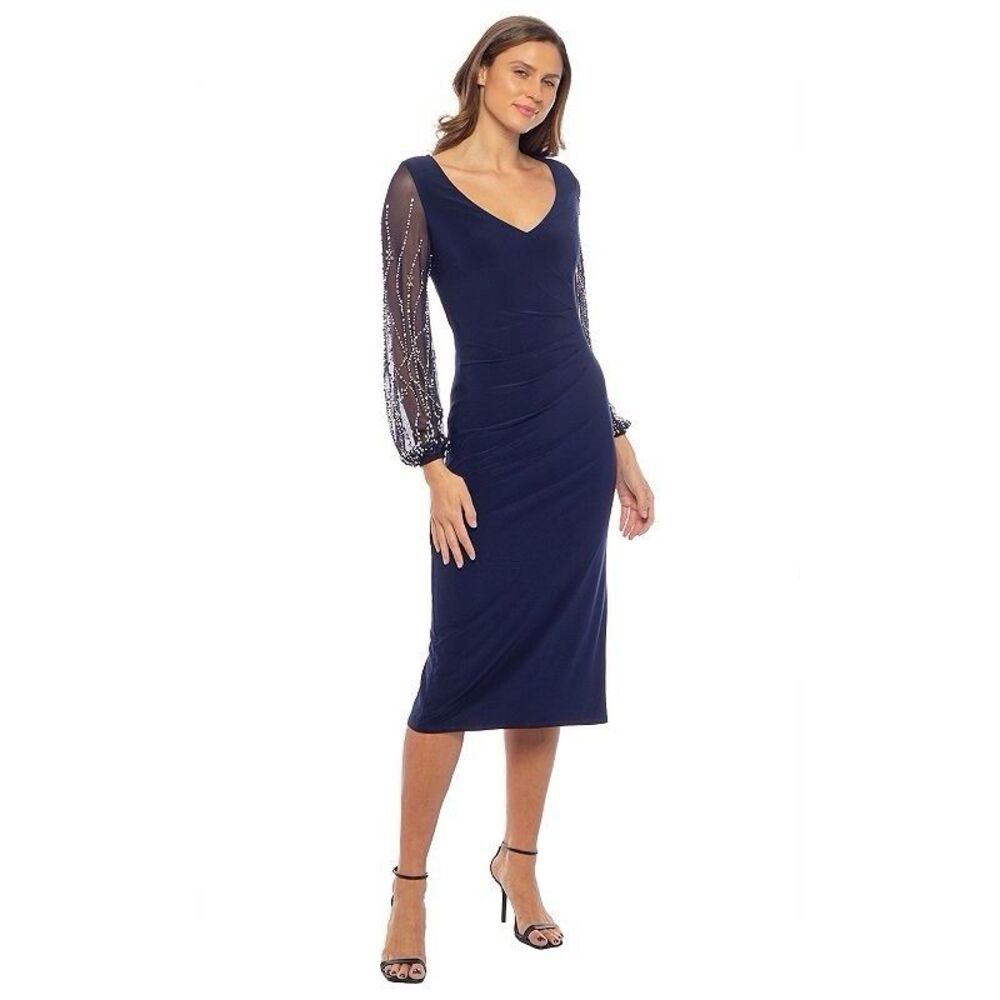 Marina Navy Blue V Neck Beaded Sleeve Ruched Midi Cocktail Dress | Size S